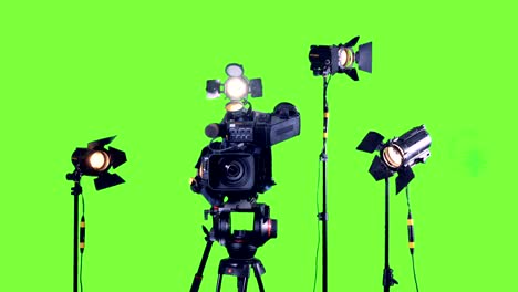 professional broadcast studio video camera and spotlights.