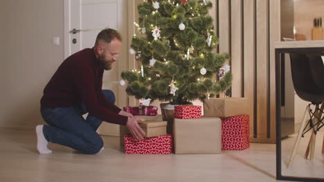 wrapped presents under the christmas tree decorated with elements and christmas lights