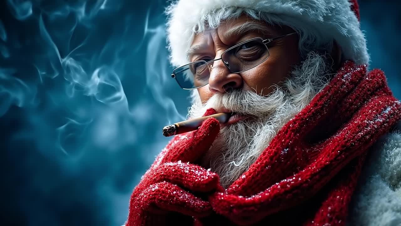 A man in a santa claus hat smoking a cigarette