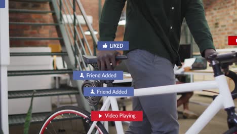 animación de iconos y números de las redes sociales sobre un hombre afroamericano caminando en bicicleta.