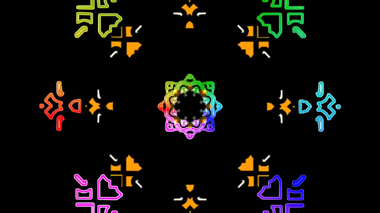 다채로운 네온 조명과 함께 칼레도스코프 패턴 모션 배경.