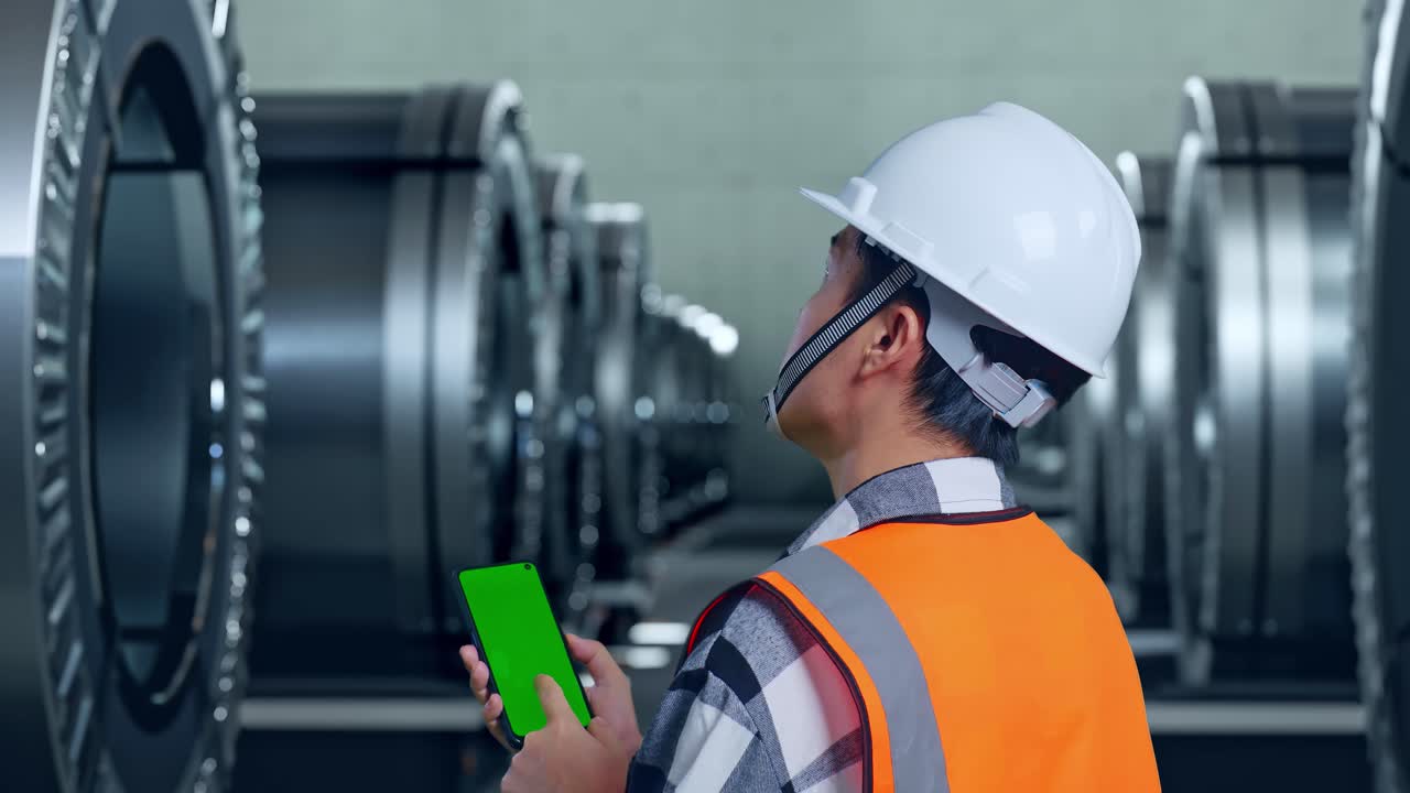 vista cercana de atrás de un ingeniero masculino asiático con casco de seguridad trabajando en un teléfono inteligente de pantalla verde y mirando a su alrededor mientras está de pie en una fábrica de metal