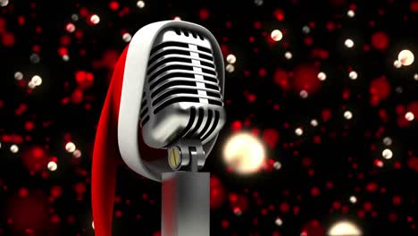 Animation-of-santa-hat-over-vintage-microphone-and-glowing-lights-on-black-background