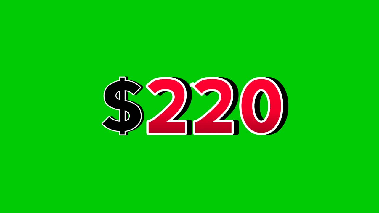 Animazione numero $220 grafica in movimento con effetto fumo, sfondo verde, numeri rosso acceso. Video con effetto 3D con ombre per elementi video, concetto di business
