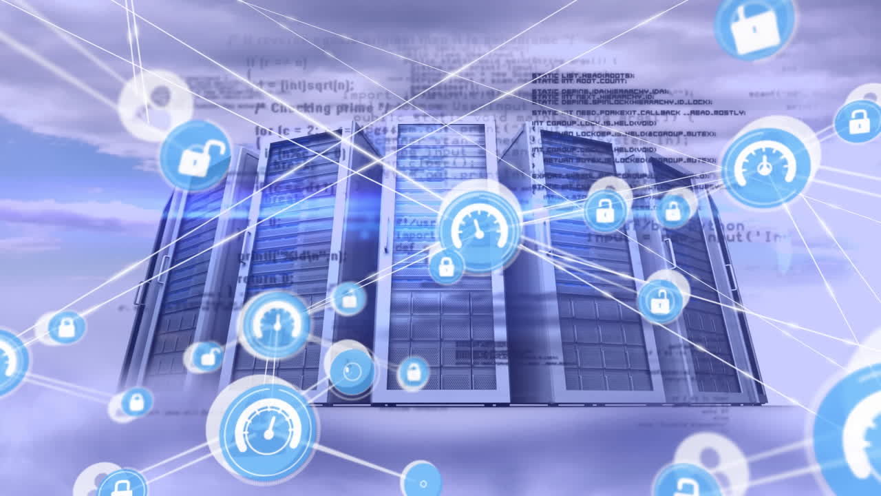 Animation of connected icons and programming language over data storage cabins against cloudy sky