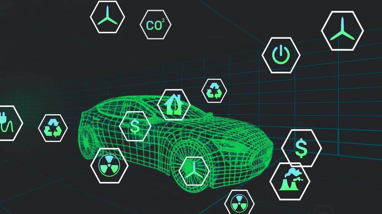 animación de iconos que procesan datos de estado sobre un modelo de coche 3d que se mueve sobre un fondo negro