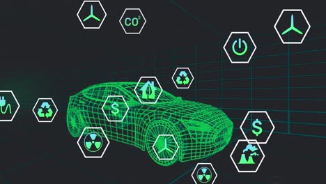 animación de iconos que procesan datos de estado sobre un modelo de coche 3d que se mueve sobre un fondo negro