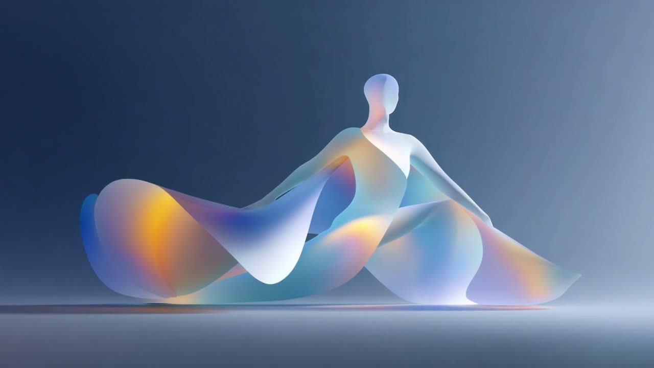A Stunning Dance of Light and Color: A Modern Artistic Representation of a Fluid Figure Illuminated by Soft Pastels and Ethereal Shadows in a 3D Artistic Space