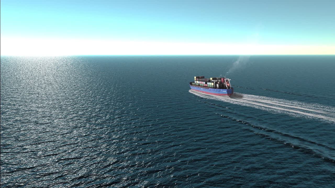 A cargo ship sailing across the open ocean