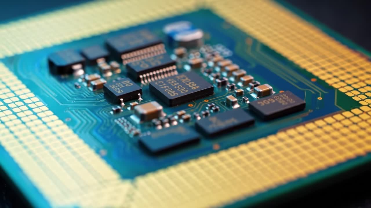 A Close-Up View of a Computer Microprocessor with Multiple Integrated Circuits and Gold Plated Connections Highlighting Advanced Technology in Modern Computing.