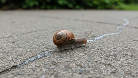 a close-up view of a snail traversing a paved surface, highlighting its uniquely shaped shell and slime trail on the ground, illustrating nature's wonders in motion