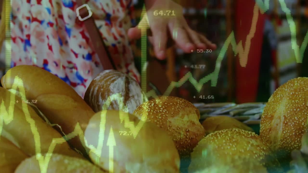 Mientras una superposición de gráfico pulsa, la mano de un comprador se cierne y luego levanta un panecillo con semillas, visualizando la tendencia del mercado.