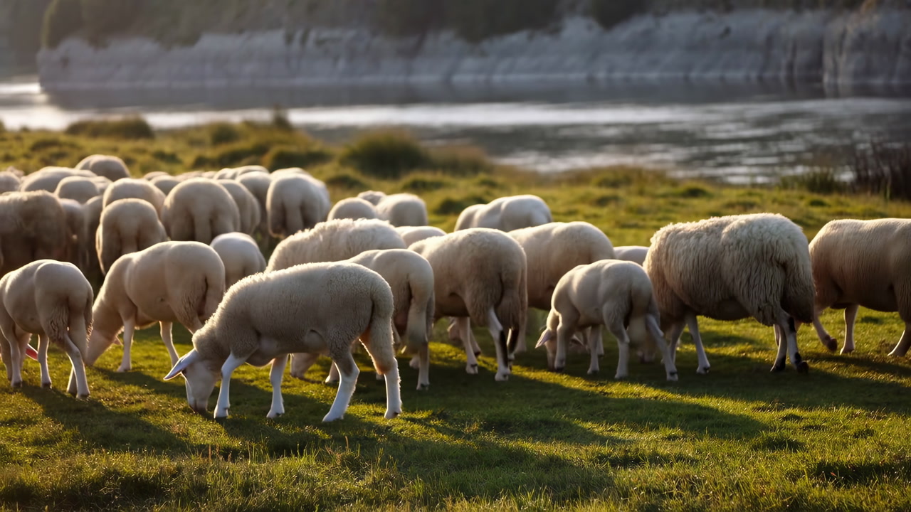 Sheep Grazing On Riverside Meadow, Sunset Glow Bathes Flock In Warm Light, Ewes And Lambs Feed On Lush Grass