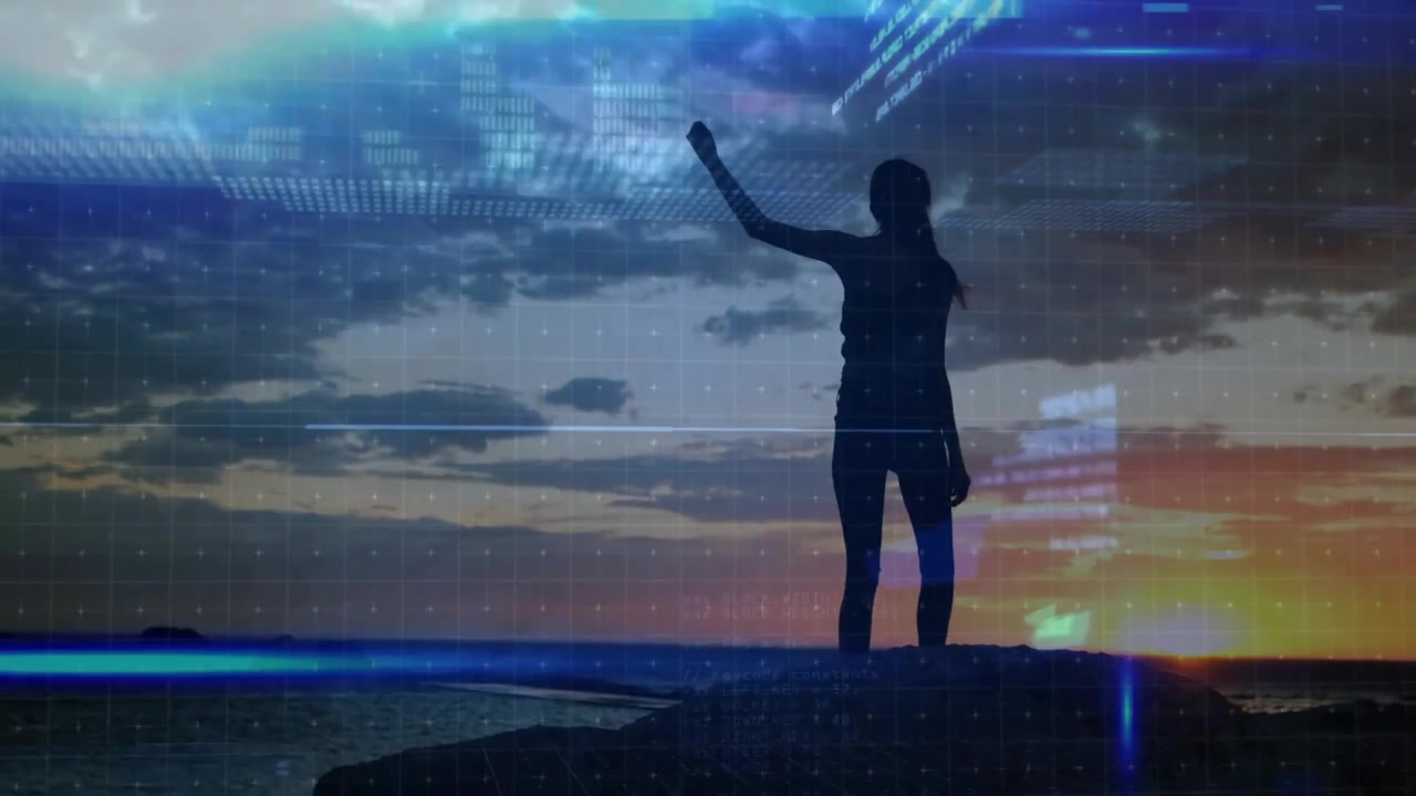 Pôr do sol inspirando mulher escalando rocha e testando equilíbrio com sobreposições digitais em demonstração de tecnologia