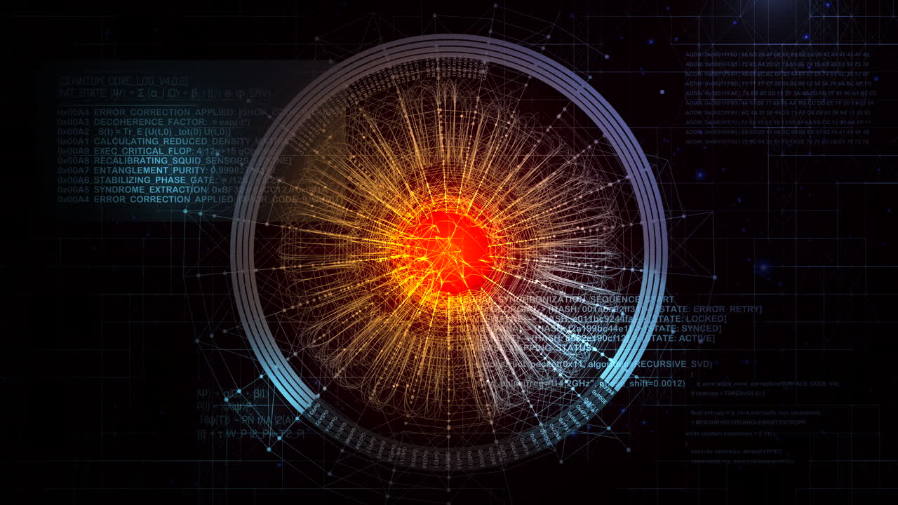 Conceptual 4K motion graphic of a central processing unit or neural core. Ideal for quantum computing, artificial intelligence, and deep learning visuals