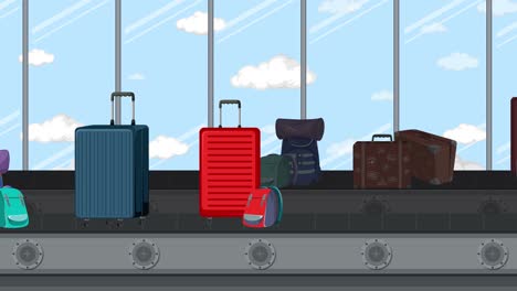 various suitcases moving on an airport conveyor belt