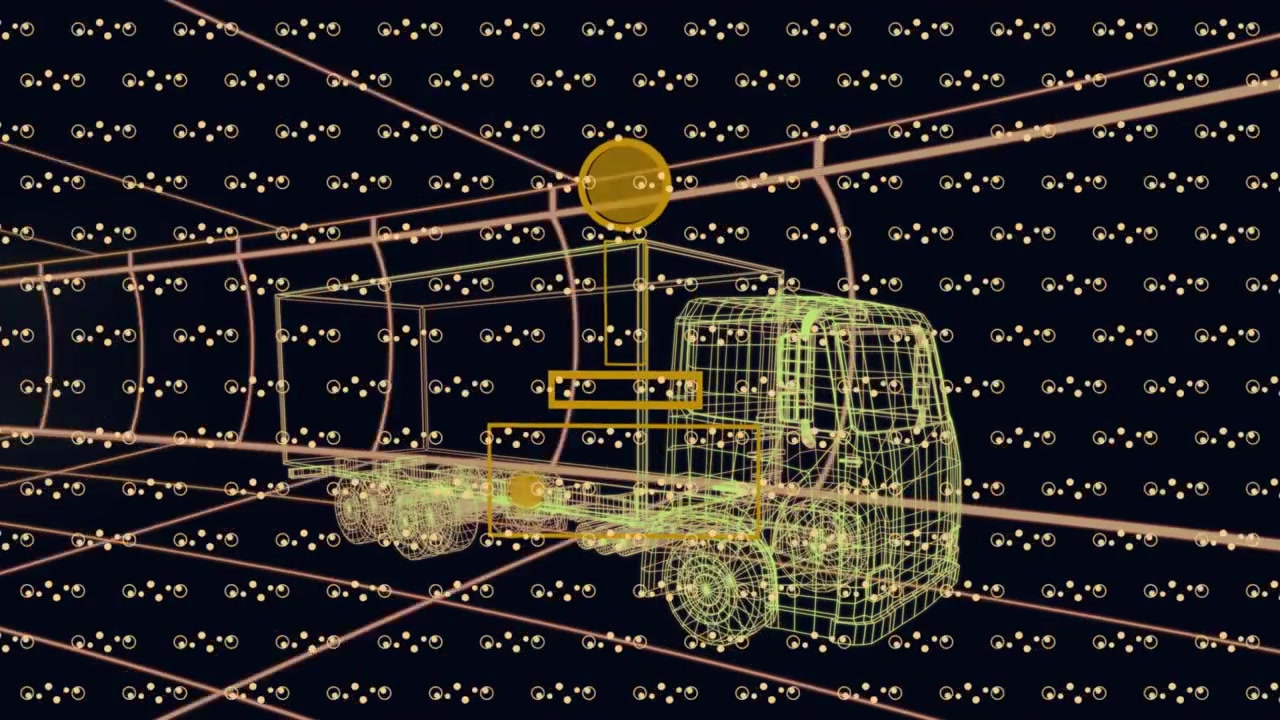Animation of data processing and network of connections over dark background