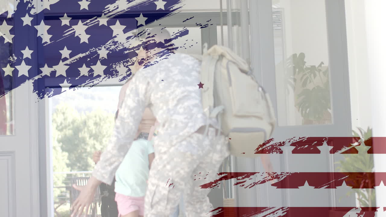 Embracing child, military person with American flag overlay in homecoming scene