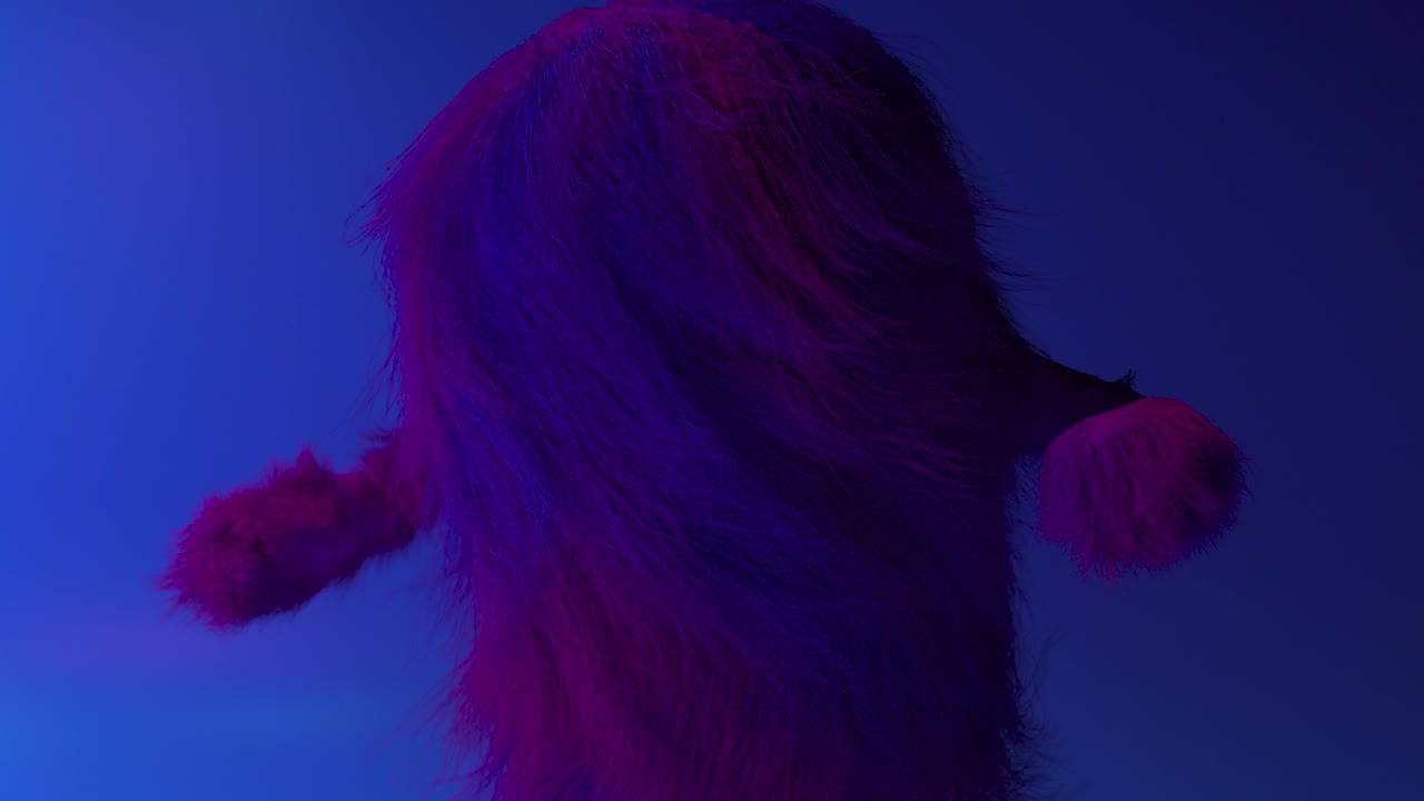 Cheerful colorful hairy cartoon dancing character close up, furry animal, having fun, furry mascot animation. Modern minimalist design. Flashing neon club light. 3d animation of seamless loop.