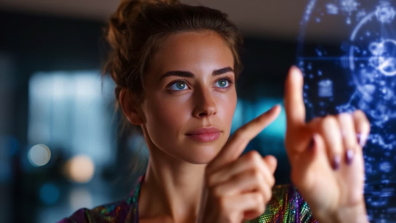 A woman interacts with a holographic interface, showcasing advanced technology and visualization as she explores digital data and innovations in a modern environment