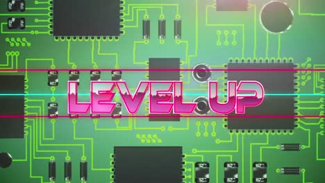 Level-up-text-on-neon-banner-against-close-up-of-microprocessor-connections-on-green-background