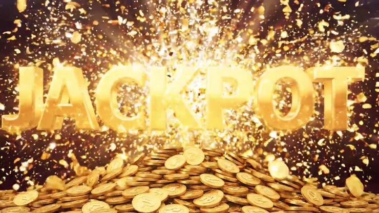 Rivelazione esplosiva del 'Jackpot' con monete scintillanti e coriandoli dorati in una celebrazione abbagliante di fortuna e vincite.