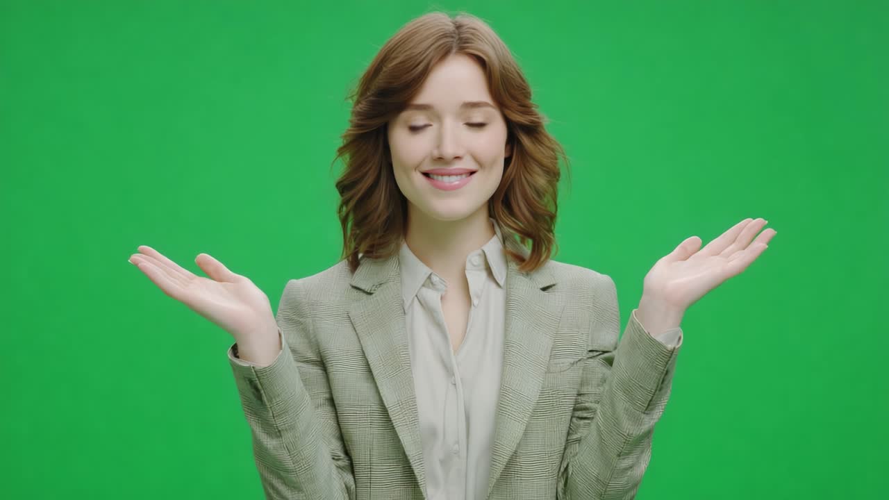 A cheerful young woman in a grey blazer happily presenting in front of a vibrant green background, conveying positivity and engagement in a dynamic video setting