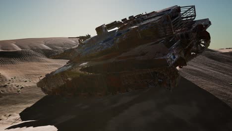 militairy tanks destructed in the desert at sunset