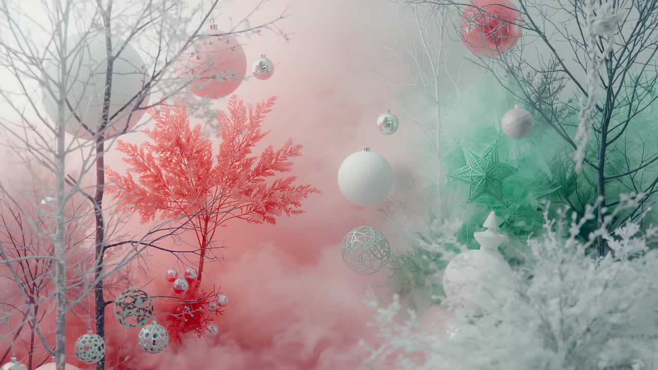 Camera zooming out bringing floating baubles and stars into view in winter woods, revealing display