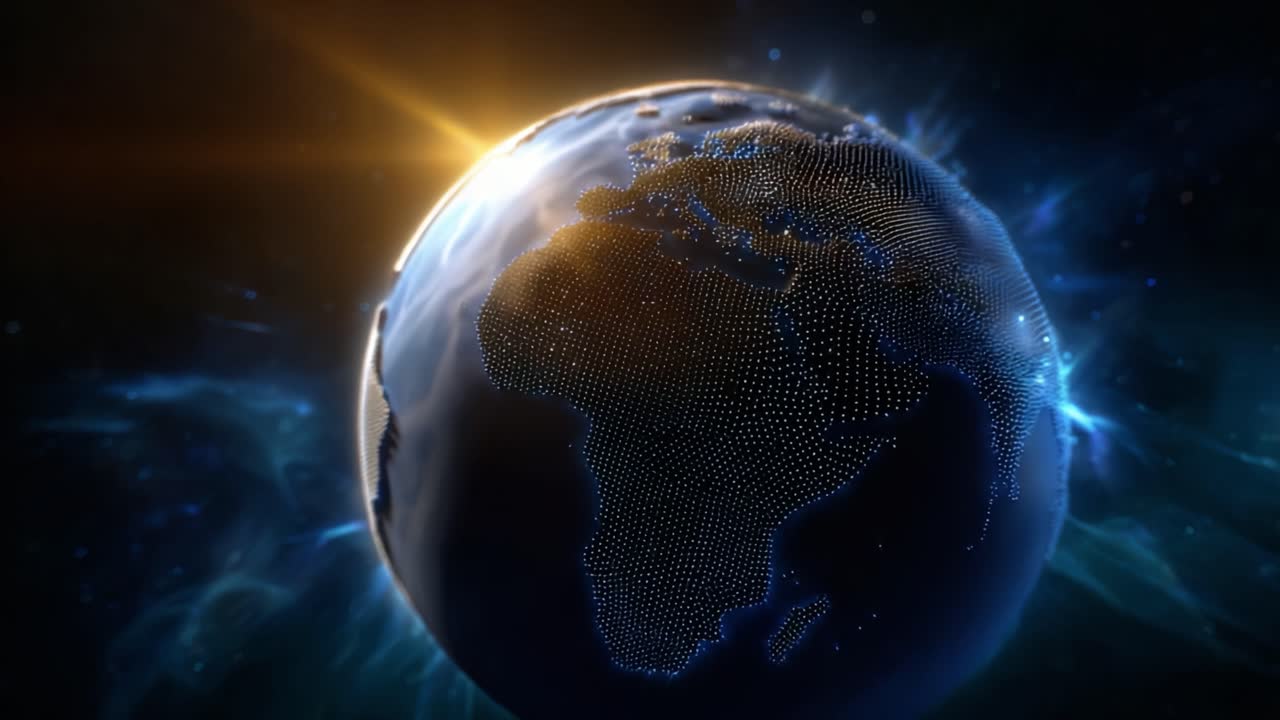 En slående visuell representasjon av jorden i rommet, som viser frem dens skjønnhet og liv gjennom prikker og lys med en kosmisk bakgrunn