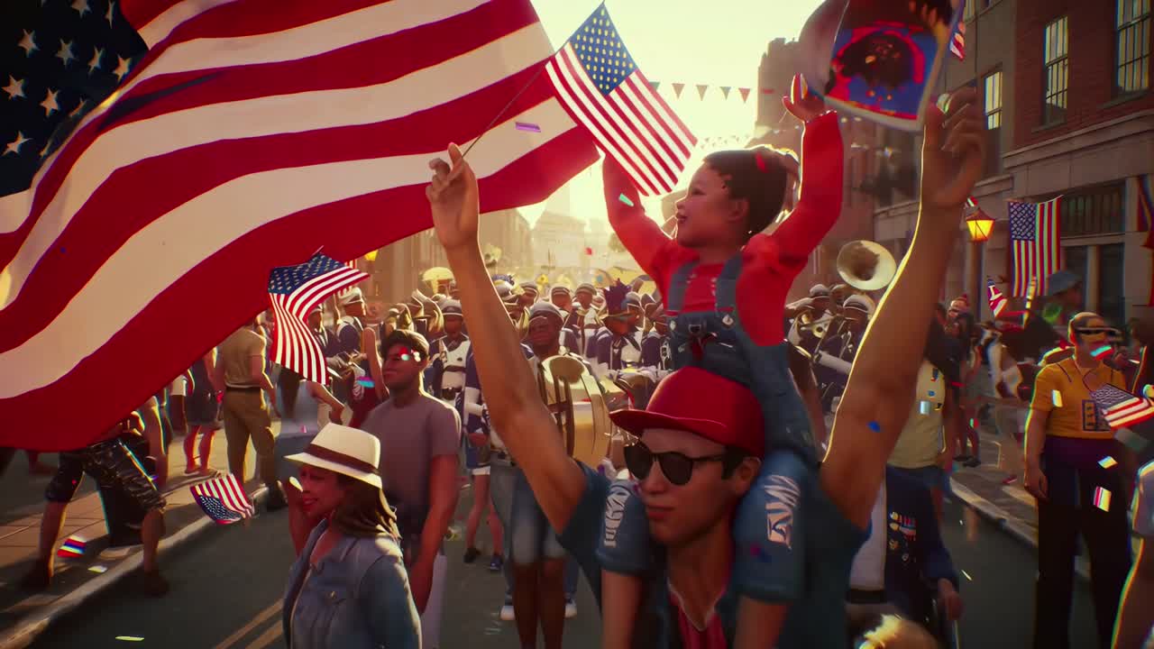 Festive street parade video with a low-angle view, capturing flags and joyful crowds