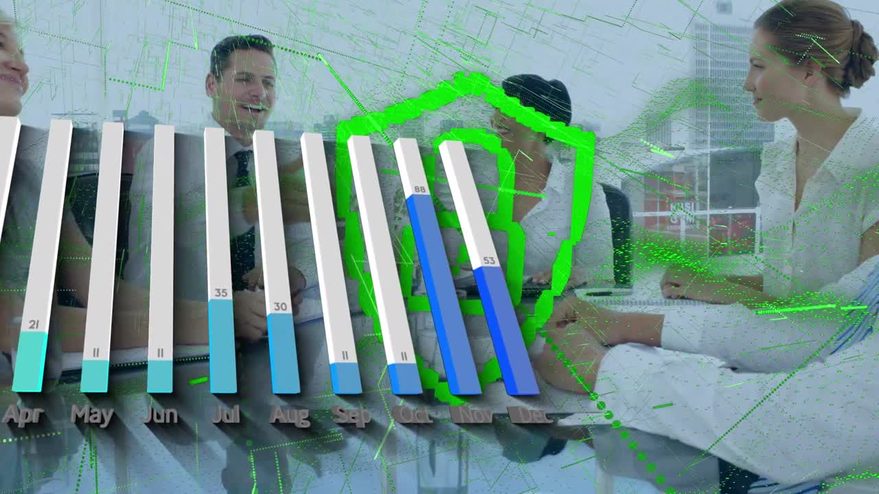 animación de cerraduras, estadísticas y procesamiento de datos sobre diversas personas de negocios en la oficina