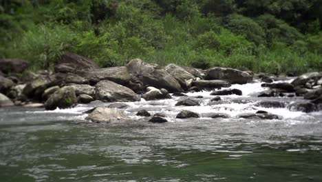 río de la selva tropical con rápidos de agua blanca que se rompen en las rocas antes de asentarse en un charco de agua, filmado en cámara súper lenta en un día nublado