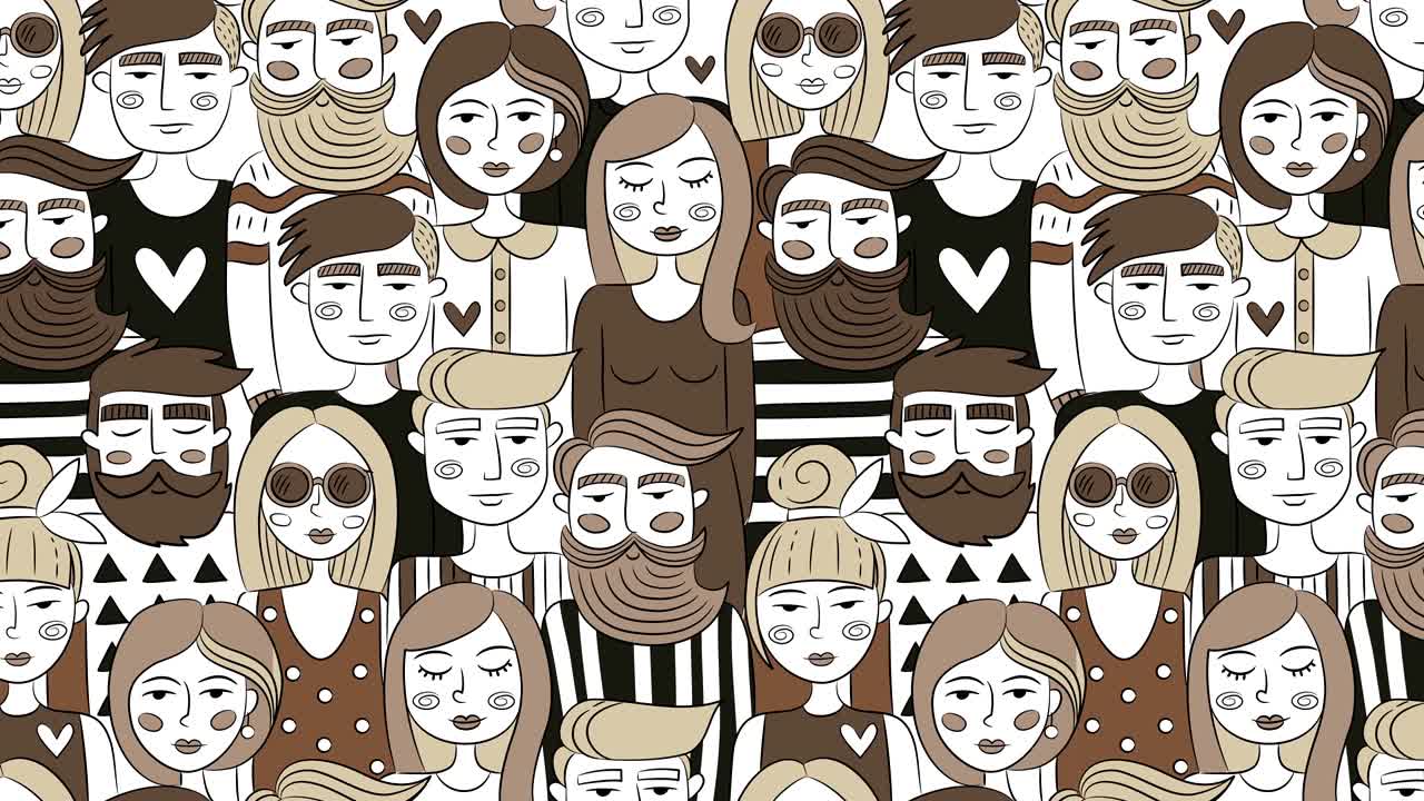 군중 속에 있는 애니메이션으로 그려진 사람들