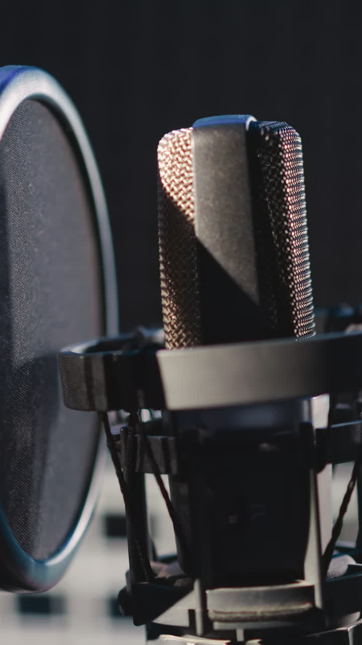 micrófono en estudio de grabación de música de primer plano. micrófone moderno con filtro en soporte en habitación aislada de sonido. equipo de audio para traducción de transmisión