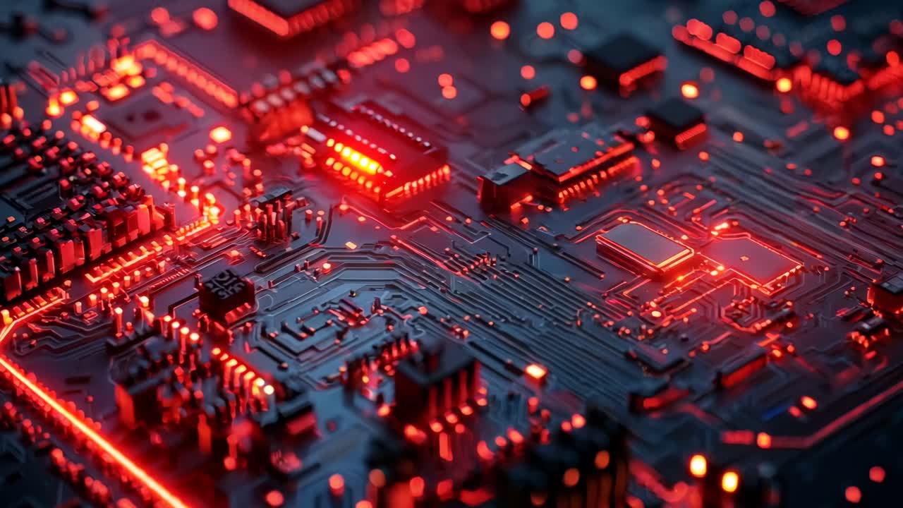 un primer plano de una placa de circuito de computadora con luces rojas