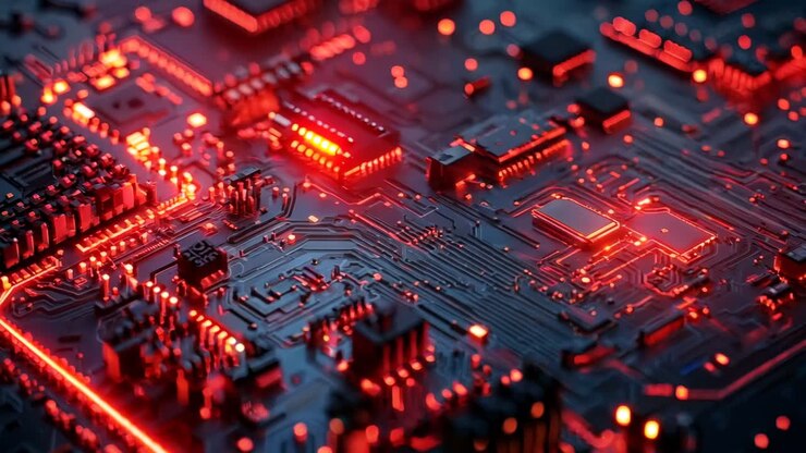 Un primo piano di una scheda di circuito di computer con luci rosse