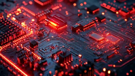 a close up of a computer circuit board with red lights