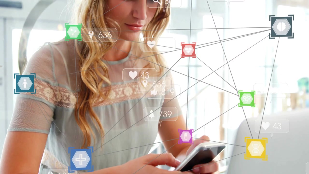 Woman tapping smartphone screen, raising like counts with floating hearts and thumbs-up icons