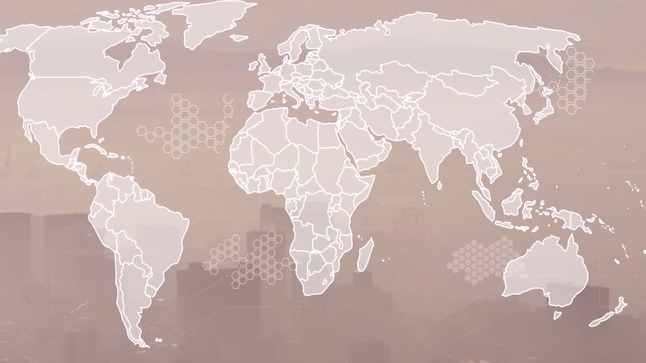 animación del mapa del mundo y procesamiento de datos financieros sobre el paisaje urbano