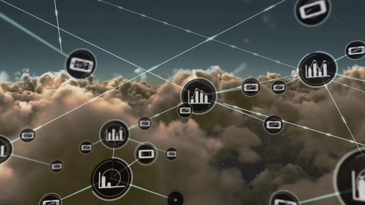 animación de la red de conexiones con iconos sobre nubes
