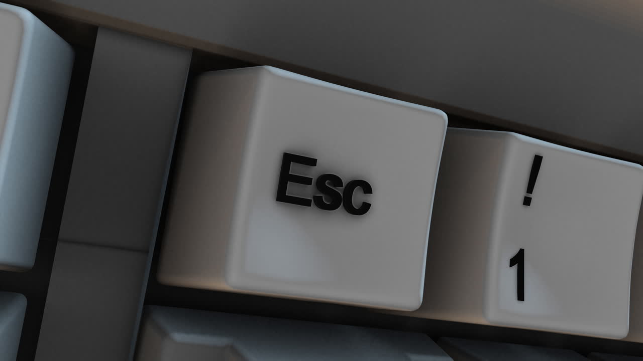 Slow Moving Close-up of Esc Escape Button Key on 3D Computer Keyboard. Great for business presentations, online education, and workplace productivity videos. Animation 4K
