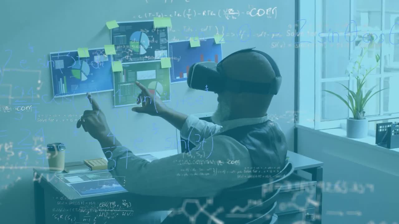 vr 헤드 ⁇ 을 사용하는 사업가에 대한 수학 수식의 애니메이션