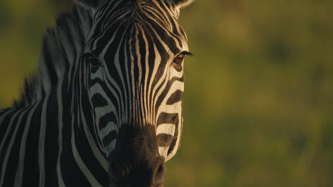 At dawn, the golden-orange light bathes the savannah as a zebra stands in close-up. The zebra slowly turns its head, fixing its gaze directly on the camera, observing curiously.