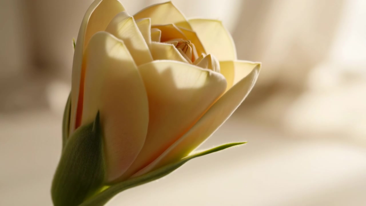 Vista macro ravvicinata di un singolo tulipano pallido che si apre gradualmente da un bocciolo stretto a una fioritura parziale, con petali esterni color crema che si ripiegano all'indietro per rivelare pieghe interne di un giallo caldo, luce soffusa, bokeh neutro, delicato.