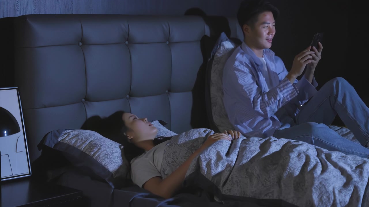 Angry frustrated woman girlfriend trying sleep wife angry push gadget addict husband internet addicted boyfriend man scrolling mobile phone social media in dark bedroom, insomnia, bedtime problem