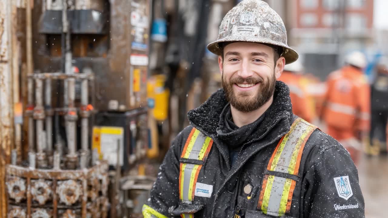 Cheerful Construction Worker in Snowy Environment: A Proud Moment Captured at the Job Site Amidst Heavy Snowfall and Industry Machinery