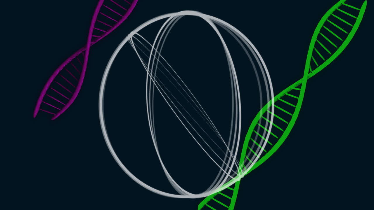 Animation af DNA-strenge flettet sammen med geometriske former på mørk baggrund