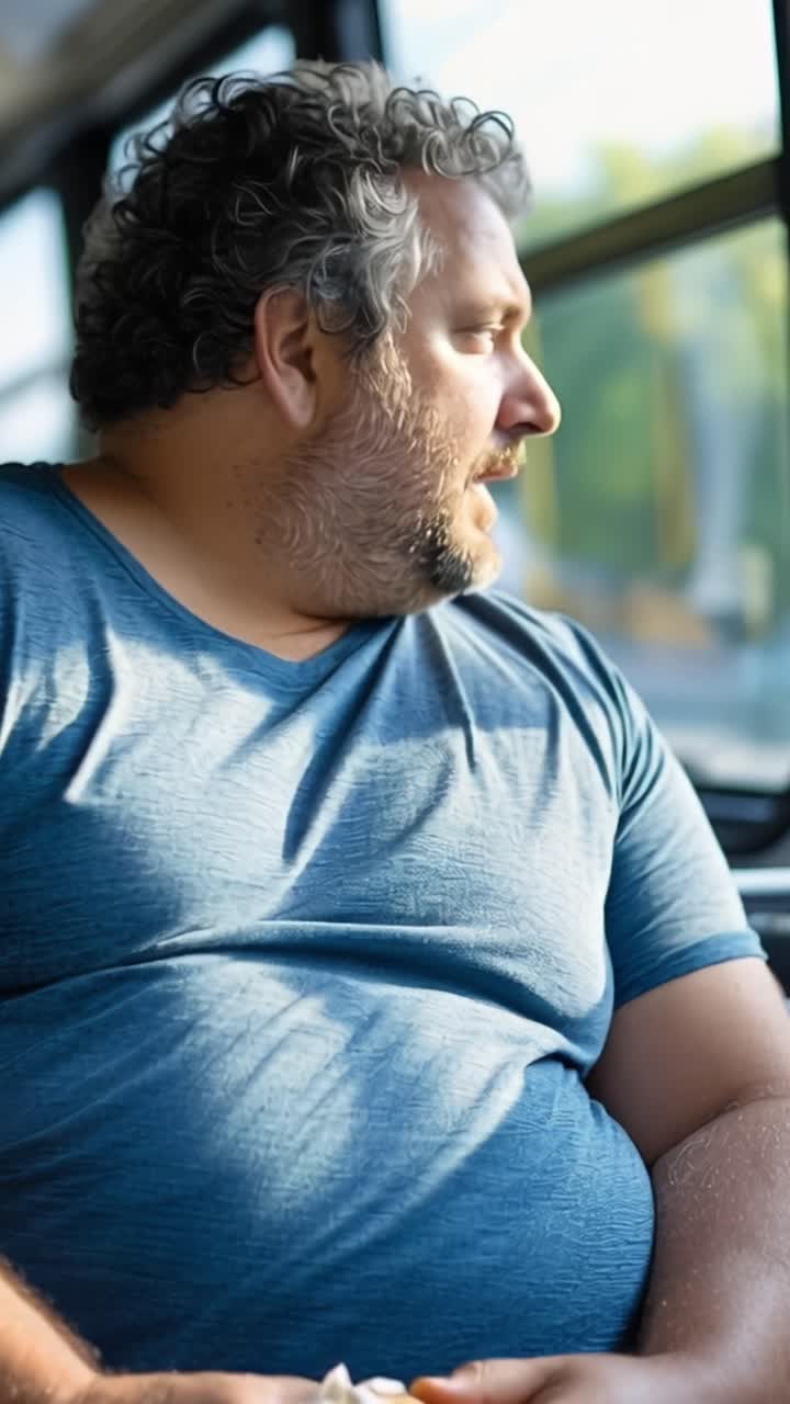 Hombre sentado, relajado, con camiseta azul. Sostiene un aperitivo, ojos cerrados, contento. Su mirada cambia, pensativa, ligeramente cansada. Iluminación natural, enfoque suave, ambiente espontáneo. Ideal para estilo de vida, salud.