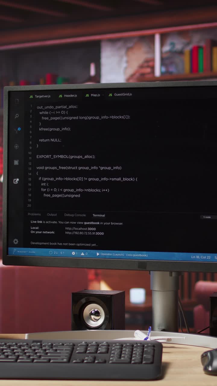 Vertical video Empty modern apartment room with coding application on PC screen